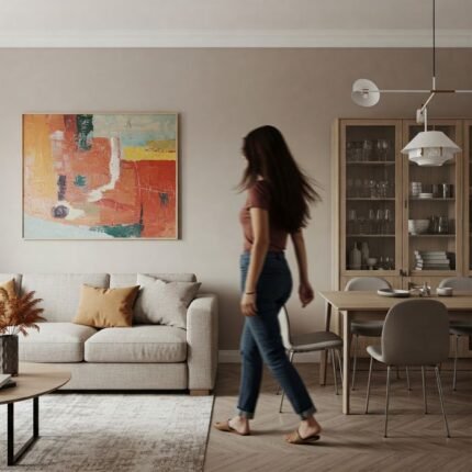 Elegant living room interior with a woman walking by, featuring modern decor.