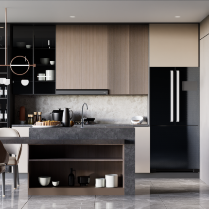 Stylish modern kitchen interior with sleek finishes and minimalist design in Indonesia.