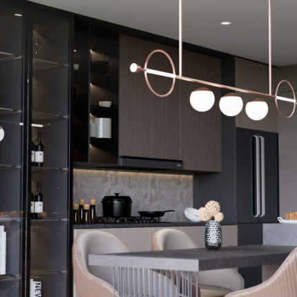 Sleek modern kitchen in Indonesia featuring elegant lighting and contemporary furnishings.
